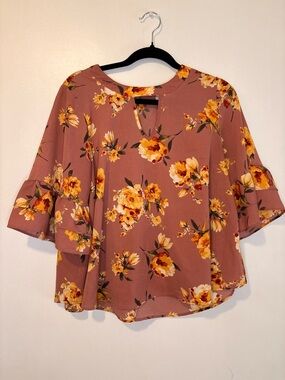 Romantica Floral Blouse Mauve Pink Ruffle Sleeve Keyhole Front Size L